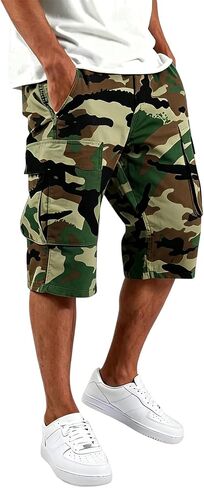 Men's Camo Capri Cargo Shorts Multi Pocket Elastic Drawstring Waist Below Knee Outdoor Hunting Casual Cropped Shorts in Kuwait
