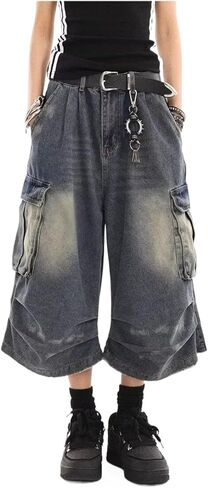 Denim Shorts Washed Wide Leg Cargo Pocket Detail Loose Fit Button Zip Fly Hip Hop Casual Streetwear Bottoms in Saudi Arabia