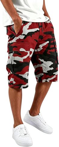 Men's Camo Capri Cargo Shorts Multi Pocket Elastic Drawstring Waist Below Knee Outdoor Hunting Casual Cropped Shorts in Kuwait