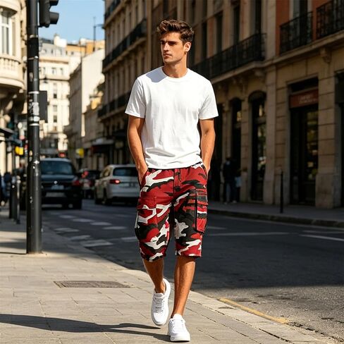 Men's Camo Capri Cargo Shorts Multi Pocket Elastic Drawstring Waist Below Knee Outdoor Hunting Casual Cropped Shorts in Kuwait