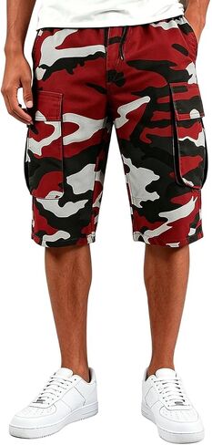 Men's Camo Capri Cargo Shorts Multi Pocket Elastic Drawstring Waist Below Knee Outdoor Hunting Casual Cropped Shorts in Kuwait