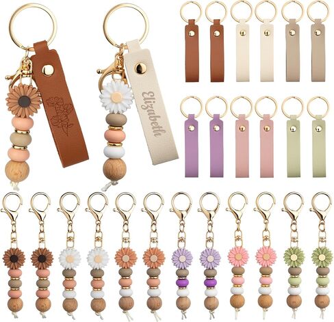 Starry 12/24PCS Daisy PU Leather Beadable Keychain Blanks Bulk Laser Engraving Blanks Keychain Kit Bag Purse Key Rings DIY in Kuwait