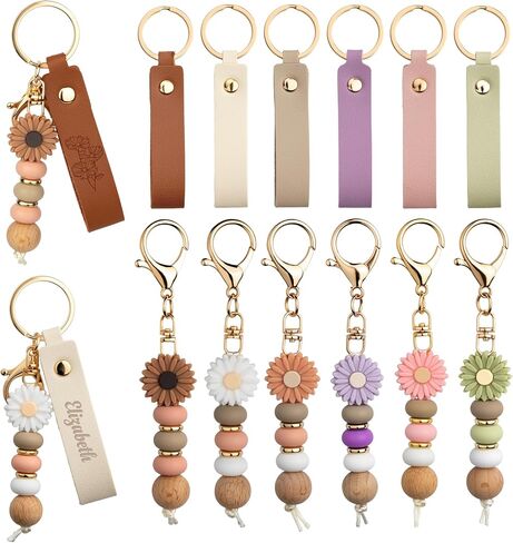 Starry 12/24PCS Daisy PU Leather Beadable Keychain Blanks Bulk Laser Engraving Blanks Keychain Kit Bag Purse Key Rings DIY in Kuwait