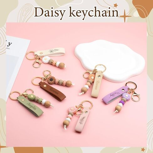 Starry 12/24PCS Daisy PU Leather Beadable Keychain Blanks Bulk Laser Engraving Blanks Keychain Kit Bag Purse Key Rings DIY in Kuwait
