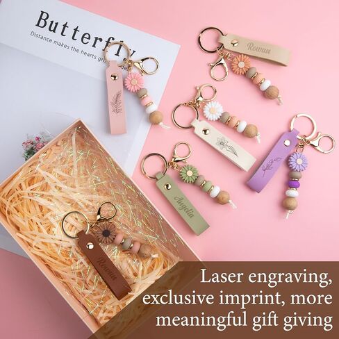 Starry 12/24PCS Daisy PU Leather Beadable Keychain Blanks Bulk Laser Engraving Blanks Keychain Kit Bag Purse Key Rings DIY in Kuwait