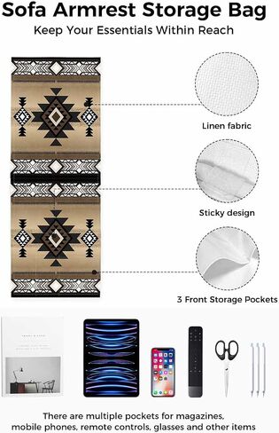 Sofa Armrest Organizer Bedside Caddy, Southwestern America Non Slip Couch Remote Control Holder, Brown Tribal Geometric Ethnic Vintage Arm Chair Caddy with Pocket for Phone, 13''x35'' in Saudi Arabia