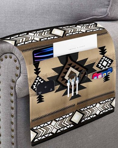Sofa Armrest Organizer Bedside Caddy, Southwestern America Non Slip Couch Remote Control Holder, Brown Tribal Geometric Ethnic Vintage Arm Chair Caddy with Pocket for Phone, 13''x35'' in Saudi Arabia