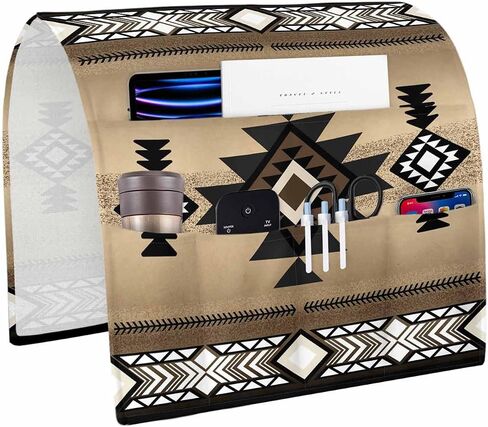 Sofa Armrest Organizer Bedside Caddy, Southwestern America Non Slip Couch Remote Control Holder, Brown Tribal Geometric Ethnic Vintage Arm Chair Caddy with Pocket for Phone, 13''x35'' in Saudi Arabia