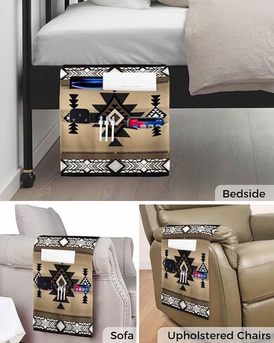 Sofa Armrest Organizer Bedside Caddy, Southwestern America Non Slip Couch Remote Control Holder, Brown Tribal Geometric Ethnic Vintage Arm Chair Caddy with Pocket for Phone, 13''x35'' in Saudi Arabia