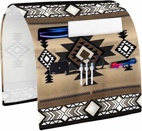 Sofa Armrest Organizer Bedside Caddy, Southwestern America Non Slip Couch Remote Control Holder, Brown Tribal Geometric Ethnic Vintage Arm Chair Caddy with Pocket for Phone, 13''x35'' in Saudi Arabia