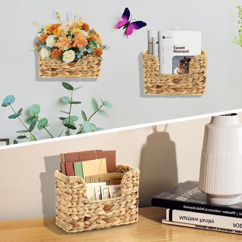 Woven Hanging Magazine Holder, Natural Water Hyacinth Wall Mounted Basket for Books, Files & Magazines, Organizer Rack with Handle (Water Hyacinth, 11.8″ x 4.3″ x 7.9″) in Saudi Arabia