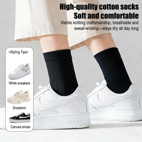 12 Pairs 100% Cotton Crew Socks for Men Women - Breathable Soft Casual Daily Wear Socks, Moisture Wicking Comfortable Ankle Socks for Sports Work, Black in Kuwait