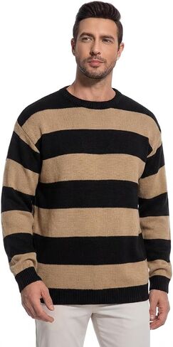 Men’s Striped Knit Sweater Oversized Grunge Pullover Black Burgundy Baggy Crewneck Streetwear Top in Kuwait