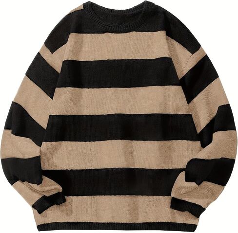 Men’s Striped Knit Sweater Oversized Grunge Pullover Black Burgundy Baggy Crewneck Streetwear Top in Kuwait
