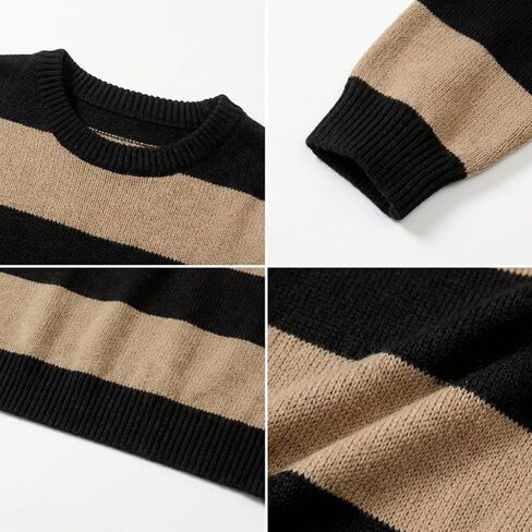 Men’s Striped Knit Sweater Oversized Grunge Pullover Black Burgundy Baggy Crewneck Streetwear Top in Kuwait