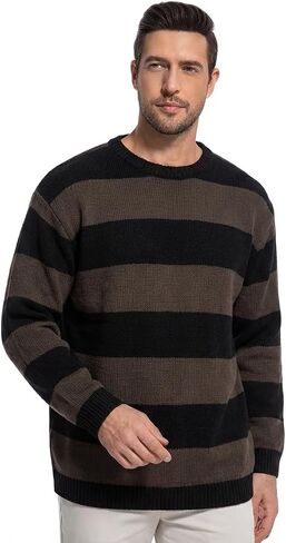 Men’s Striped Knit Sweater Oversized Grunge Pullover Black Burgundy Baggy Crewneck Streetwear Top in Kuwait