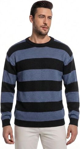 Men’s Striped Knit Sweater Oversized Grunge Pullover Black Burgundy Baggy Crewneck Streetwear Top in Kuwait