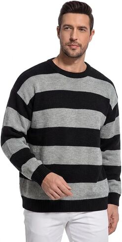 Men’s Striped Knit Sweater Oversized Grunge Pullover Black Burgundy Baggy Crewneck Streetwear Top in Kuwait
