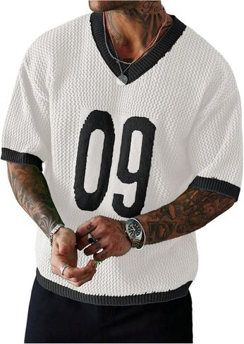 SHENHE Men's Number Print Short Sleeve Sweater V Neck Contrast Trim Loose Fit Pullover Sweater in Kuwait
