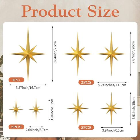 MidModArt Mid Century Modern 3D Star Wall Art,Gold Retro Starburst Sculptures,Vintage Celestial Home Decor, Gold Starburst 7PCS in Kuwait