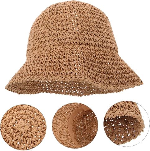 Elegant Straw Bucket Hat Uv Protection Sun Hat for Women for Beach Fishing Hiking Light Brown in Kuwait