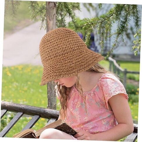 Elegant Straw Bucket Hat Uv Protection Sun Hat for Women for Beach Fishing Hiking Light Brown in Kuwait