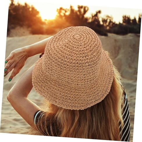Elegant Straw Bucket Hat Uv Protection Sun Hat for Women for Beach Fishing Hiking Light Brown in Kuwait