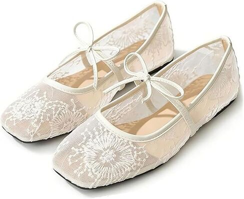 2026 New Women's Embroidery Lace Mesh Ballet Flats, White Mesh Ballet Flats for Women in Kuwait