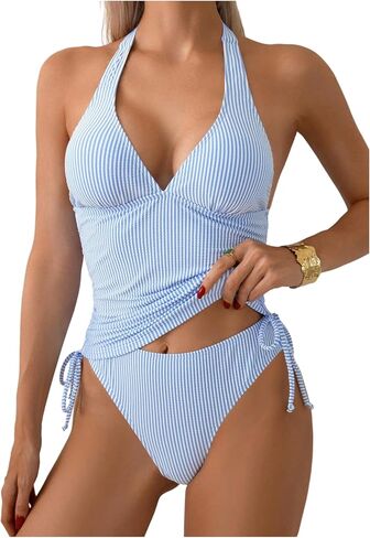 GORGLITTER Women's Sexy Backless Striped Halter Tankini Swimsuits V Neck High Cut Tummy Control 2 Piece Bathing Suit in Kuwait