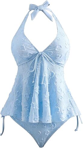 xxxiticat Women's Halter Tankini Swimsuit Deep V Neck Textured Beach Holiday Bikini Set Beachwear Two Piece Bathing Suit in Kuwait