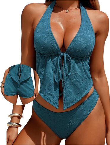 ZAFUL Women's Halter Tankini Sets V Neck Triangle Textured Tie Front 3 Piece Cheeky Bathing Suits with Shorts in Kuwait