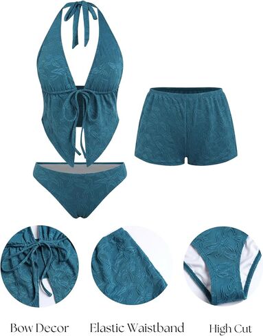 ZAFUL Women's Halter Tankini Sets V Neck Triangle Textured Tie Front 3 Piece Cheeky Bathing Suits with Shorts in Kuwait