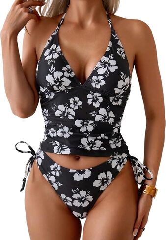 SHENHE Women's Floral Tankini Swimsuit Ruched Tummy Control Halter V Neck 2 Piece Bathing Suits in Saudi Arabia
