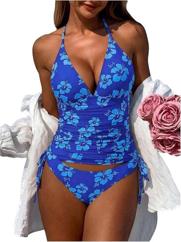 SHENHE Women's Floral Tankini Swimsuit Ruched Tummy Control Halter V Neck 2 Piece Bathing Suits in Saudi Arabia