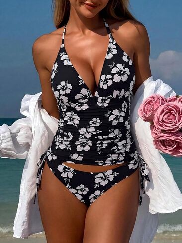 SHENHE Women's Floral Tankini Swimsuit Ruched Tummy Control Halter V Neck 2 Piece Bathing Suits in Saudi Arabia