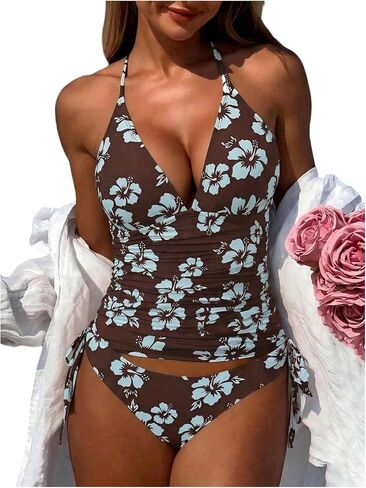 SHENHE Women's Floral Tankini Swimsuit Ruched Tummy Control Halter V Neck 2 Piece Bathing Suits in Saudi Arabia