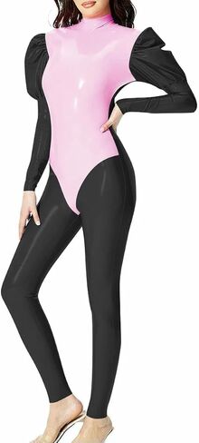 PVC Leather Unitard Jumpsuit Wetlook Puff Long Sleeves Patchwork Pencil Pants in Kuwait