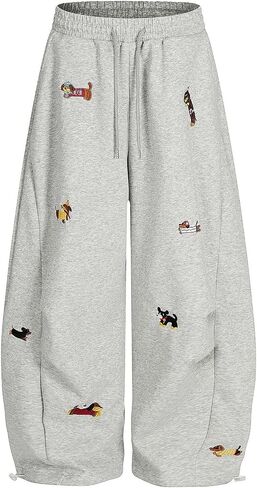 Bakyarder Unisex Dog Embroidery Sweatpants Wide-Leg Joggers Adjustable Hem Cozy Cotton Blend Lounge Pants in Saudi Arabia