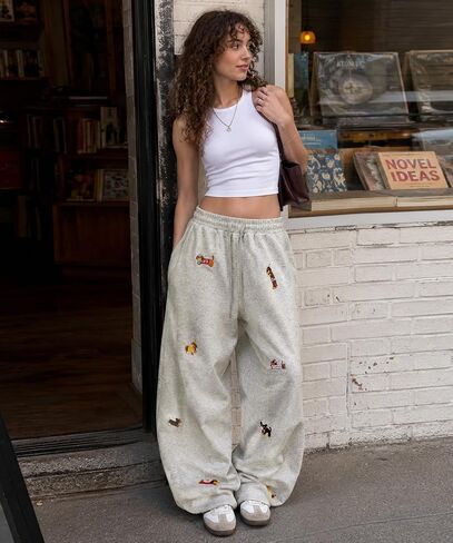 Bakyarder Unisex Dog Embroidery Sweatpants Wide-Leg Joggers Adjustable Hem Cozy Cotton Blend Lounge Pants in Saudi Arabia