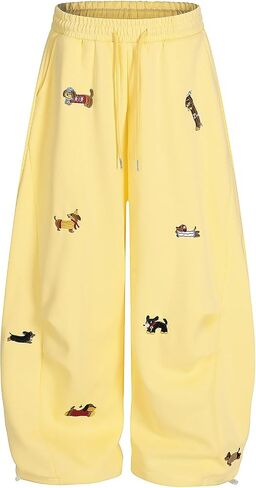 Bakyarder Unisex Dog Embroidery Sweatpants Wide-Leg Joggers Adjustable Hem Cozy Cotton Blend Lounge Pants in Saudi Arabia