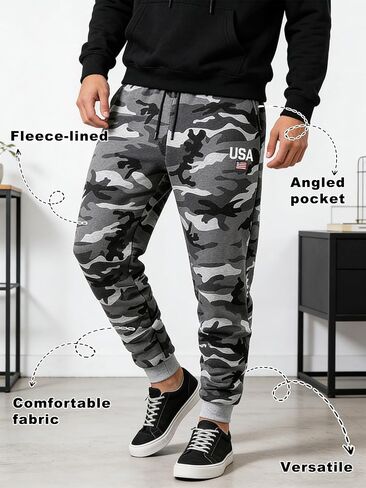 بنطال الركض للرجال مع بطانة من الصوف، بنطال رياضي Camo Streetwear Cargo، برباط وجيوب، طراز رياضي كاجوال in Saudi Arabia