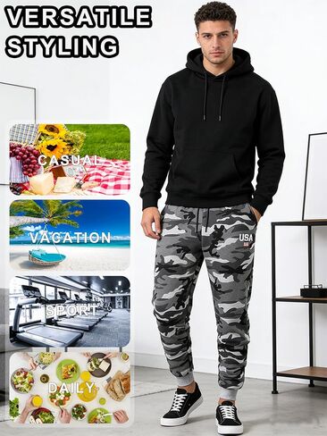 بنطال الركض للرجال مع بطانة من الصوف، بنطال رياضي Camo Streetwear Cargo، برباط وجيوب، طراز رياضي كاجوال in Saudi Arabia