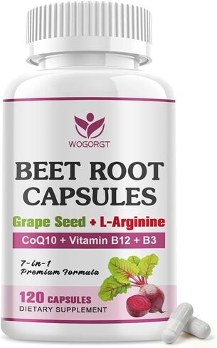 WOGORGT Beet Root Capsules - Blood Pressure Support - 800mg Beet Root Powder Supplement with Grape Seed Extract, CoQ10, L-Arginine, Vitamin B12 & B3 for Men & Women - Vegan, 120 Ct in Saudi Arabia