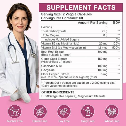 WOGORGT Beet Root Capsules - Blood Pressure Support - 800mg Beet Root Powder Supplement with Grape Seed Extract, CoQ10, L-Arginine, Vitamin B12 & B3 for Men & Women - Vegan, 120 Ct in Saudi Arabia