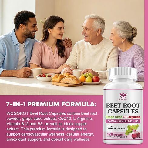 WOGORGT Beet Root Capsules - Blood Pressure Support - 800mg Beet Root Powder Supplement with Grape Seed Extract, CoQ10, L-Arginine, Vitamin B12 & B3 for Men & Women - Vegan, 120 Ct in Saudi Arabia