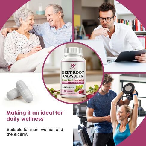 WOGORGT Beet Root Capsules - Blood Pressure Support - 800mg Beet Root Powder Supplement with Grape Seed Extract, CoQ10, L-Arginine, Vitamin B12 & B3 for Men & Women - Vegan, 120 Ct in Saudi Arabia