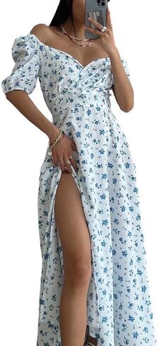 Women's Floral Print Maxi Dress, Puff Sleeve, V-Neck, French Style, High Slit, Elegant Summer Dress (US, Alpha, L, Green) in Kuwait