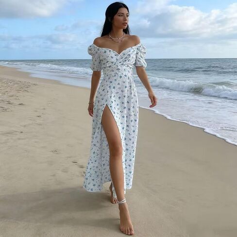 Women's Floral Print Maxi Dress, Puff Sleeve, V-Neck, French Style, High Slit, Elegant Summer Dress (US, Alpha, L, Green) in Kuwait