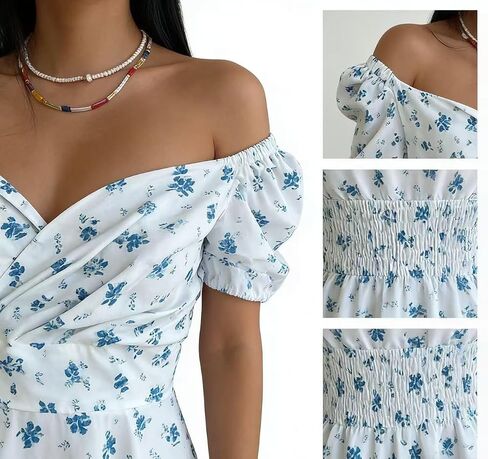 Women's Floral Print Maxi Dress, Puff Sleeve, V-Neck, French Style, High Slit, Elegant Summer Dress (US, Alpha, L, Green) in Kuwait