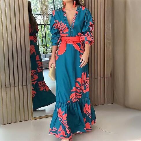 Women's Tropical Leaf Print Maxi Dress, V-Neck with Puff Sleeves, Belted Ruffle Hem, Teal and Red (US, Alpha, XX-Large, Blue) in Saudi Arabia